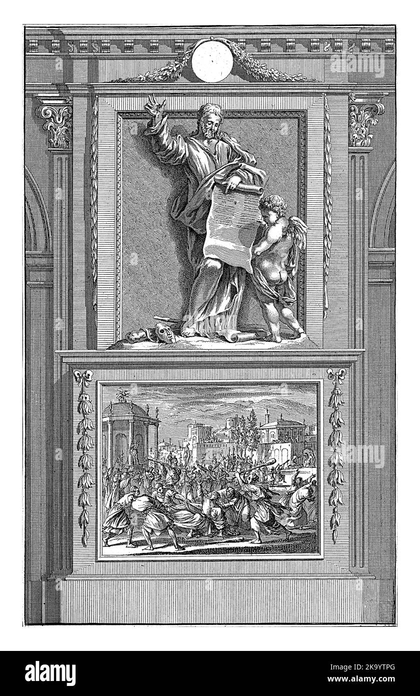 Apostel Timotheus, Jan Luyken, nach Jan Goeree, 1698 der Apostel Timotheus hält ein nicht gerolltes Textblatt, das von einem Engel studiert wird. Stockfoto