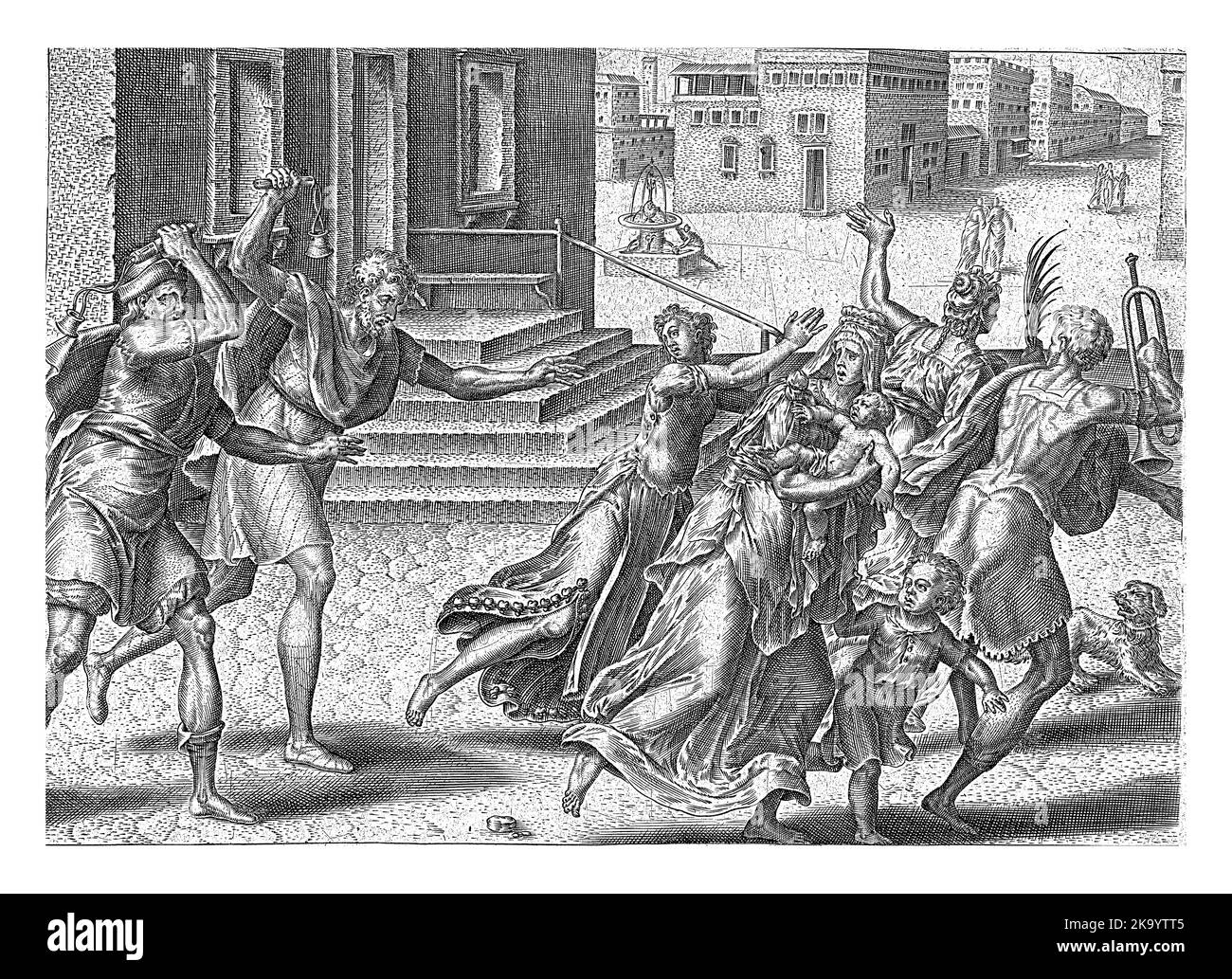 Allegorische Darstellung der Figuren Meine und Deine, die die Einheit, die Liebe, den Frieden und die Gottesfurcht vertreiben. Umfangreiche Bildunterschrift auf Niederländisch, Ge Stockfoto