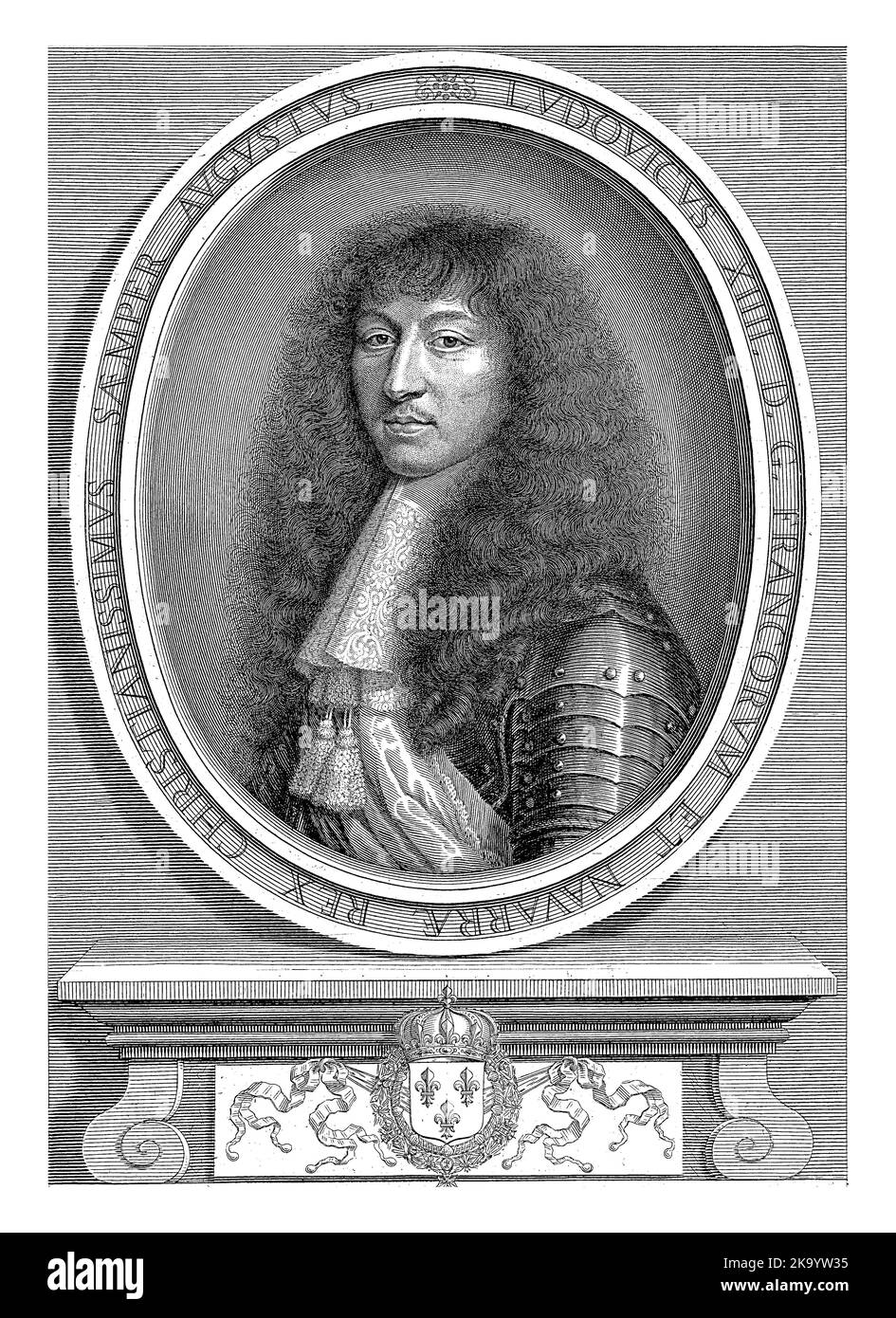 Porträt von Ludwig XIV., König von Frankreich, mit Spitzenkragen mit zwei Quasten, Pieter van Schuppen, nach Nicolas Mignard, 1662 Stockfoto