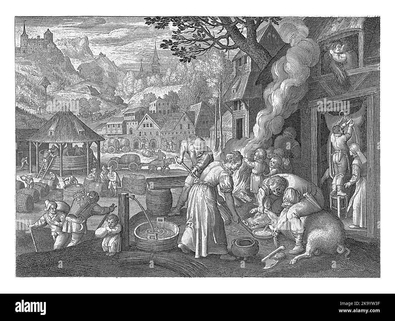 Herbst, Nicolaes de Bruyn, nach Maerten de Vos, 1581 - 1656 Dorfszene mit Herbstaktivitäten: Schweine werden geschlachtet und Weinproduktion aus dem h Stockfoto
