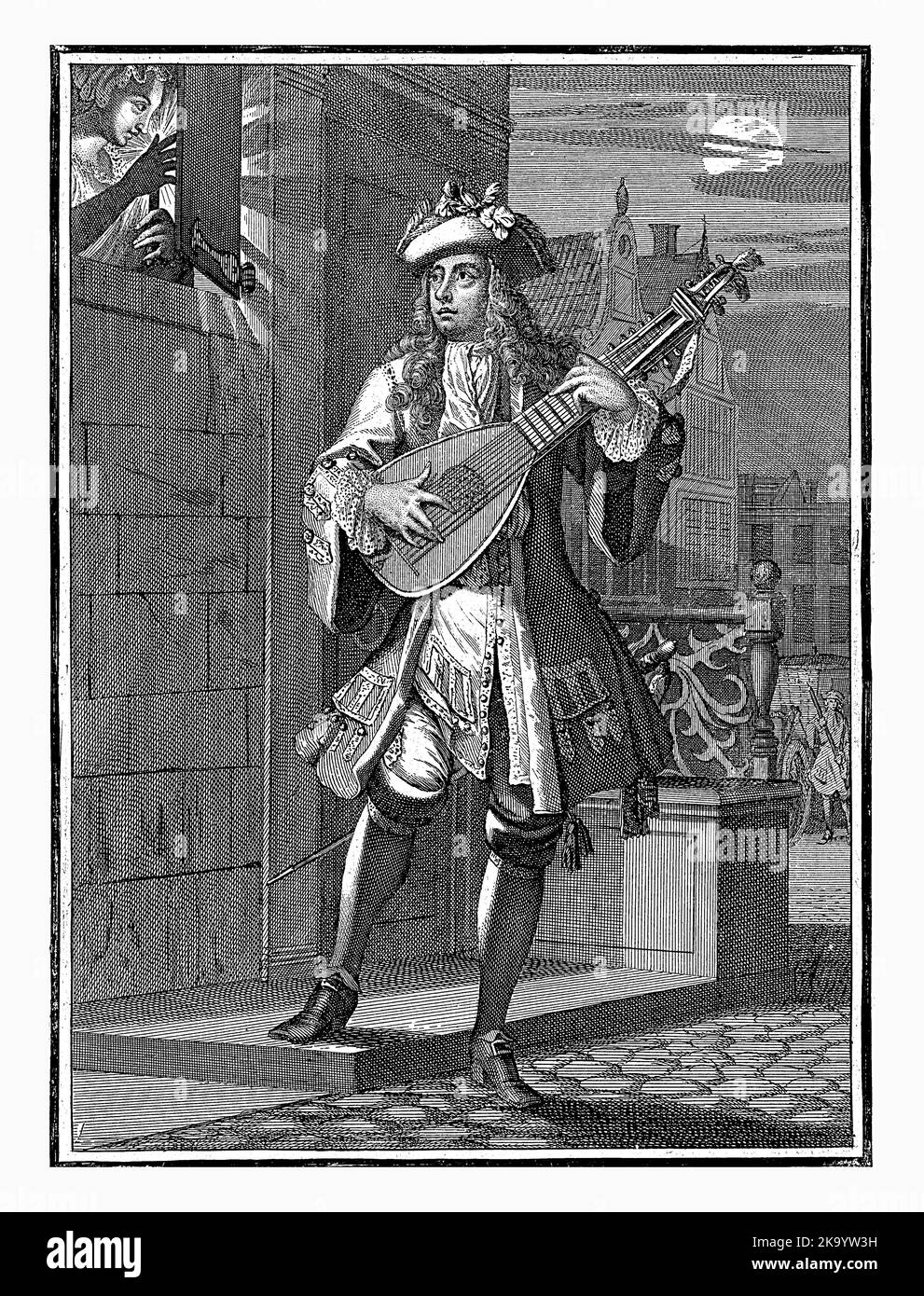 April, Caspar Luyken, 1698 - 1702 der Monat April. Eine nächtliche Straßenszene. Ein junger Mann spielt Musik auf einer Laute vor einem Haus. Sein Liebhaber sieht aus Stockfoto