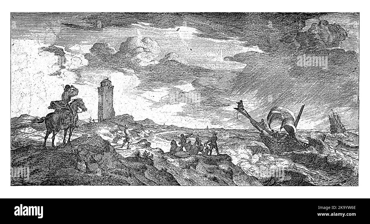 Im Vordergrund sieht ein Postbote auf dem Pferderücken einen Sturm auf dem Meer. Ein Schiff sinkt in den tobenden Wellen. Stockfoto