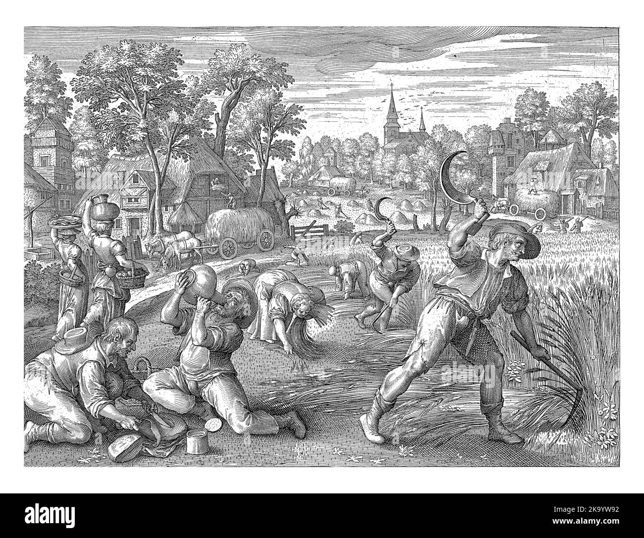 Sommer, Nicolaes de Bruyn, nach Maerten de Vos, 1581 - 1656 Landschaft mit Aktivitäten, die im Sommer stattfinden: Männer ernten Getreide und das Heu ist Stockfoto