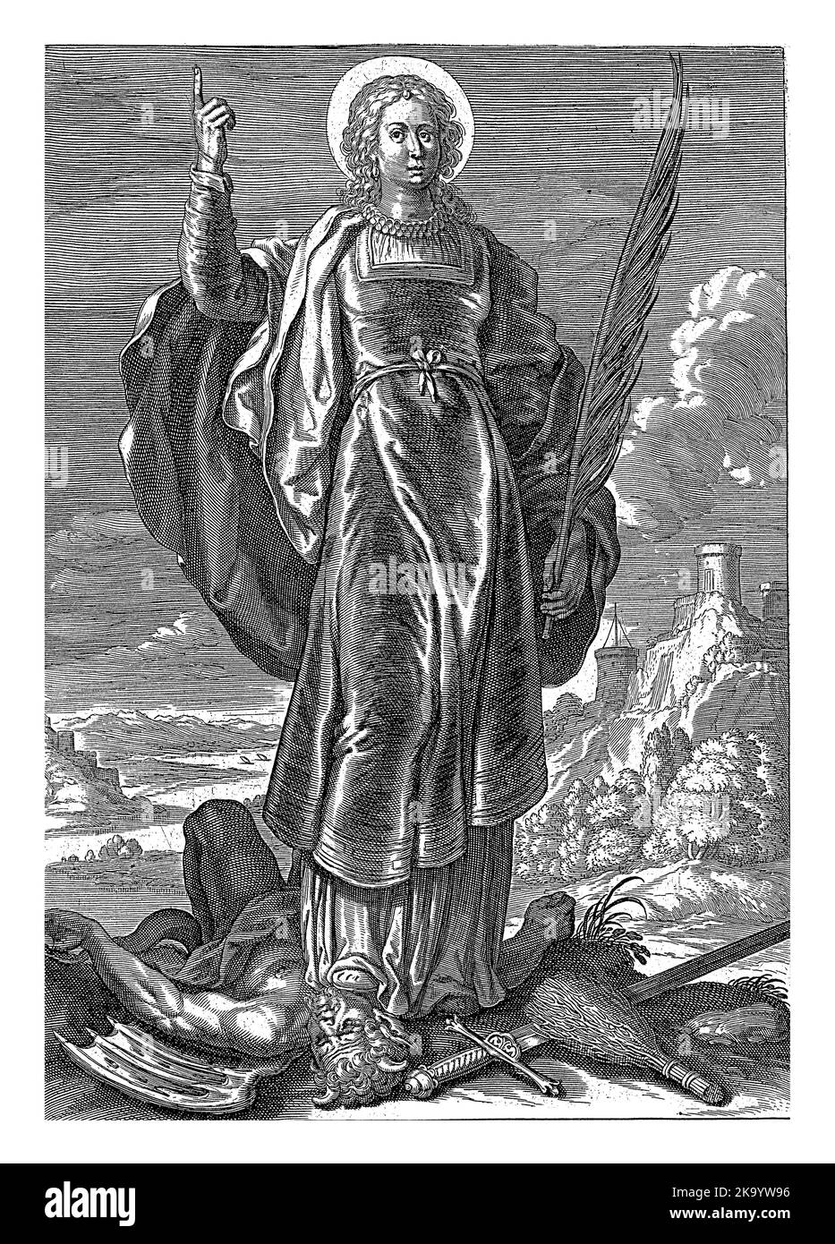 Heilige Juliana, Theodore Galle, nach David Teniers, 1581 - 1633 Heilige Juliana von Nikomedia. Sie trampelt einen Teufel unter ihre Füße. Ein Palmenzweig in ihr Stockfoto