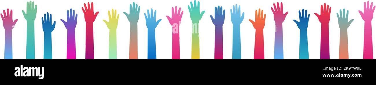 Handsatz hochgehoben. Mehrfarbige, verlaufende Hände nach oben gehoben. Menschliche Hände mit verschiedenen Farben. Internationale Freiwilligengemeinschaft. Vektorgrafik Stock Vektor