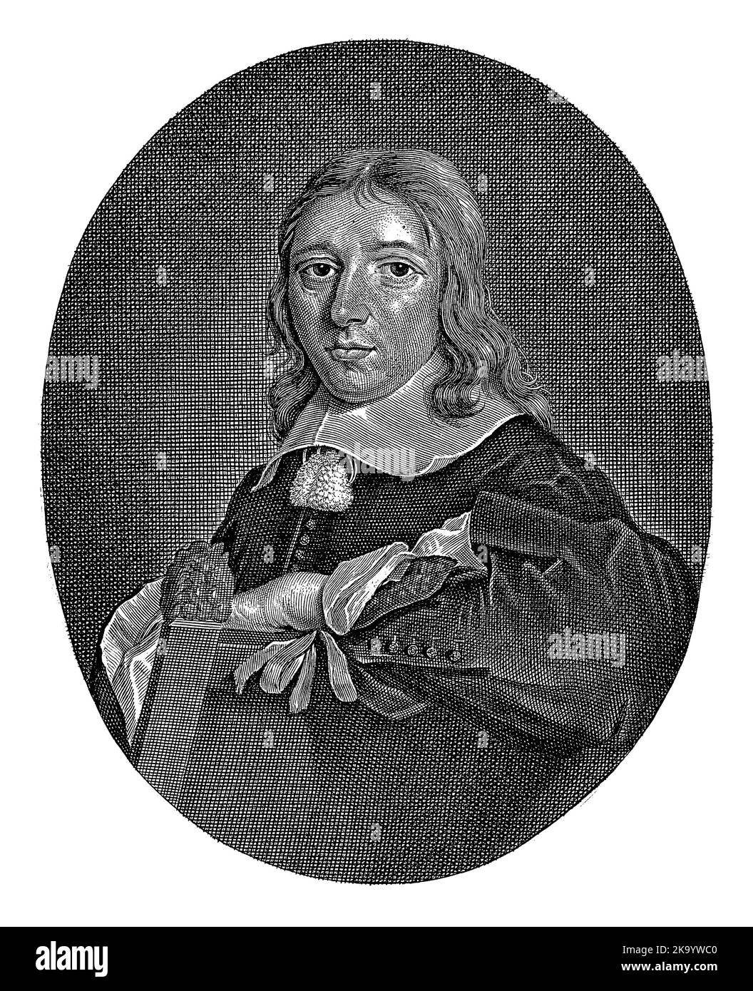 Porträt des Dichters Franciscus Snellinx, 33 Jahre alt. Im Rand eine vierzeilige Ode auf Niederländisch. Stockfoto