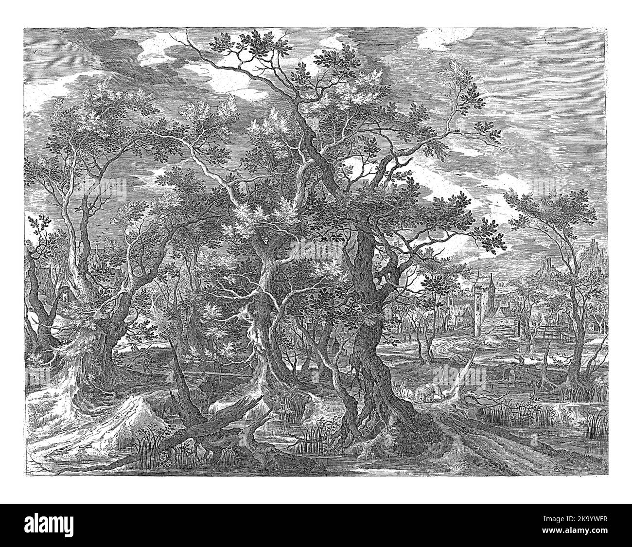 Landschaft mit einem Propheten aus Juda, zerrissen von einem Löwen, Jan van Londerseel, nach Gillis Claesz. De Hondecoeter, 1601 - 1652 Ein ungehorsamer Prophet aus J Stockfoto