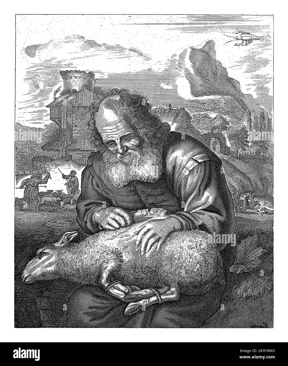 Ein alter Hirte scheren ein Schaf, das mit zusammengebundenen Beinen auf seinem Schoß liegt. Im Hintergrund eine Landschaft mit Gebäuden und Hirten mit ihren s Stockfoto