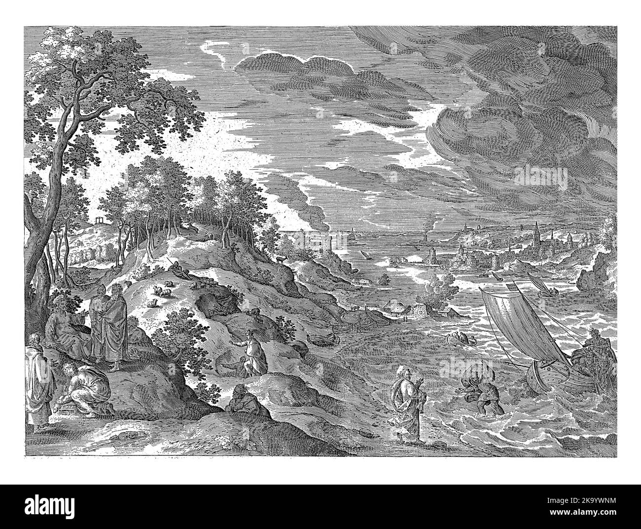 Eine Küstenlandschaft. Im Vordergrund links Christus mit seinen Jüngern. Rechts steht Christus am Strand und der Fischer ruft PE Stockfoto