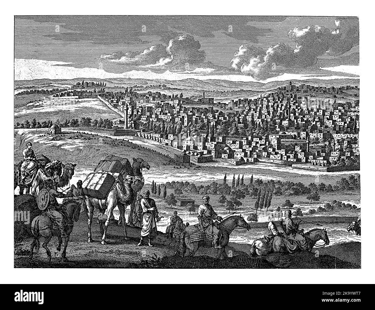Ansicht von Aleppo (linke Platte), Jan Luyken, nach Cornelis de Bruyn, 1698, vintage graviert. Stockfoto