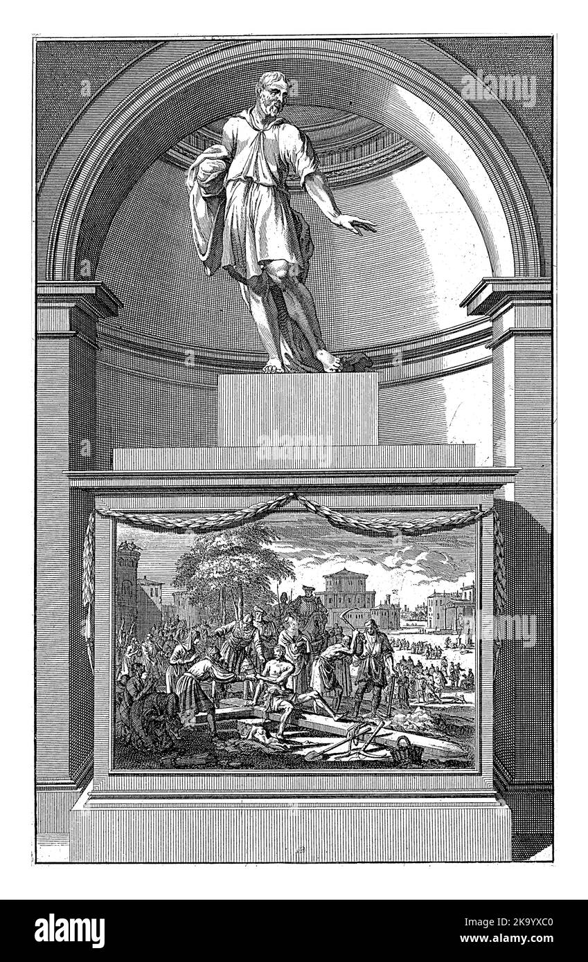 Apostel Simon Zelotes, Jan Luyken, nach Jan Goeree, 1698 der Apostel Simon Zelotes steht auf einem Podest, auf dem seine Kreuzigung abgebildet ist Stockfoto
