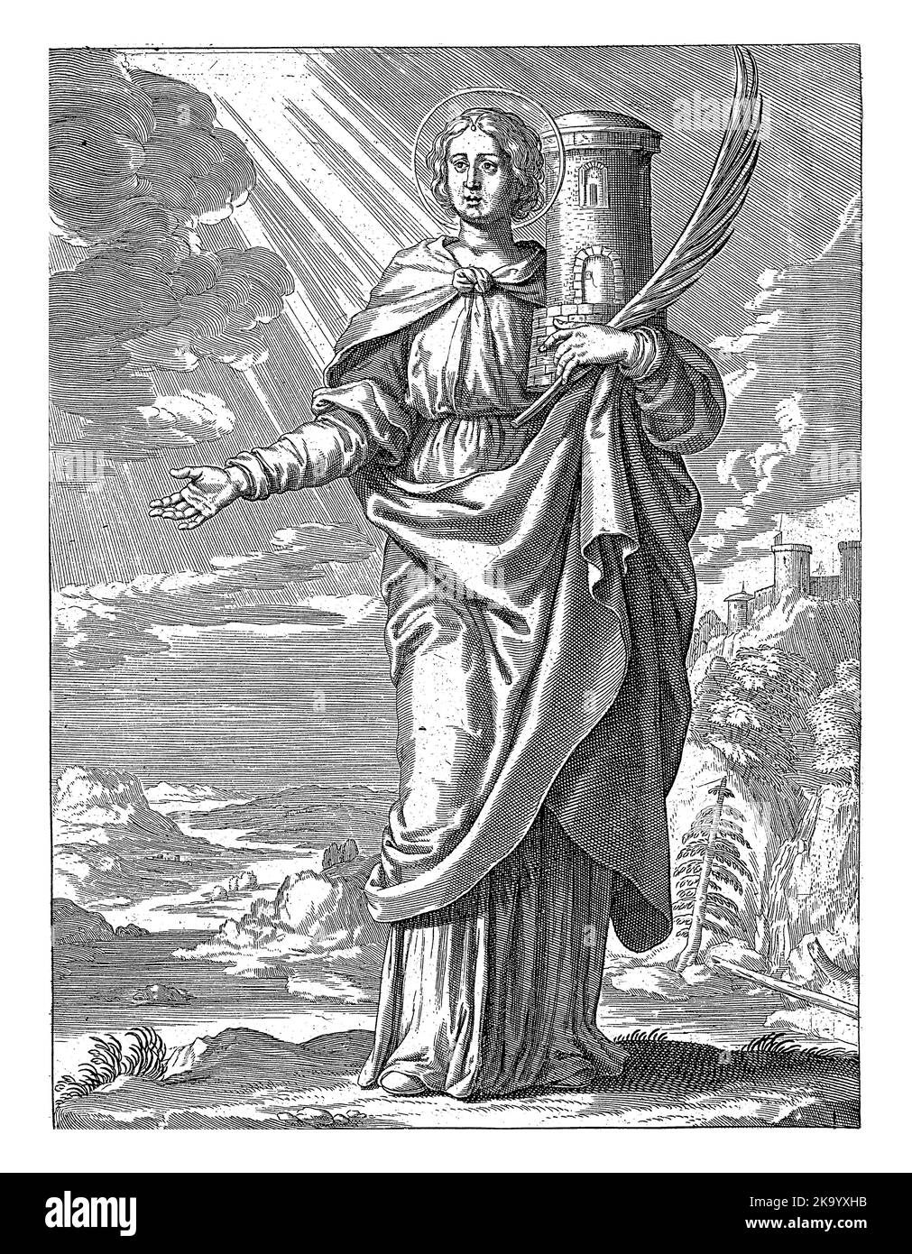 Heilige Barbara, Theodoor Galle, nach David Teniers, 1581 - 1633 Heilige Barbara von Nikomedia. Sie trägt in ihren Händen einen Palmenzweig und einen kleinen Turm ( Stockfoto