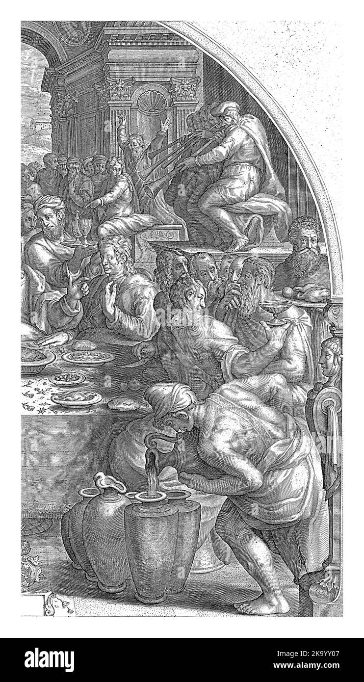Christus an einem Tisch, umgeben von vielen Figuren, während der Hochzeit in Kana. Stockfoto