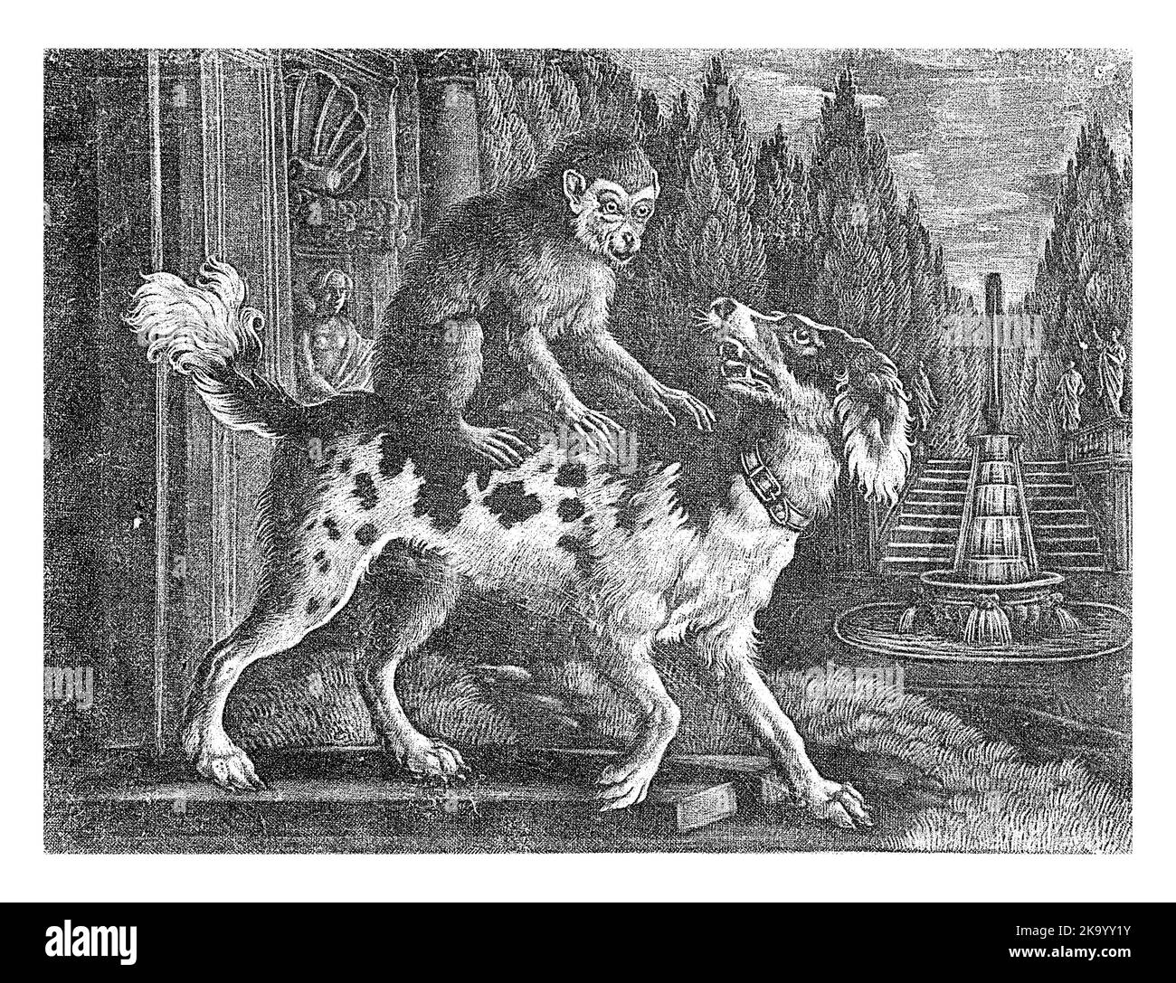 In einem Ziergarten sitzt ein Affe auf dem Rücken eines Hundes. Der Hund bellt den Affen an. Stockfoto