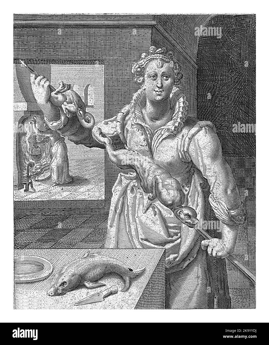 Darstellung des Feuerelements in Form einer Küchenjungfrau mit einer Spucke in den Händen, auf der ein Hase und ein Vogel aufgereiht sind. Im Hintergrund ein se Stockfoto