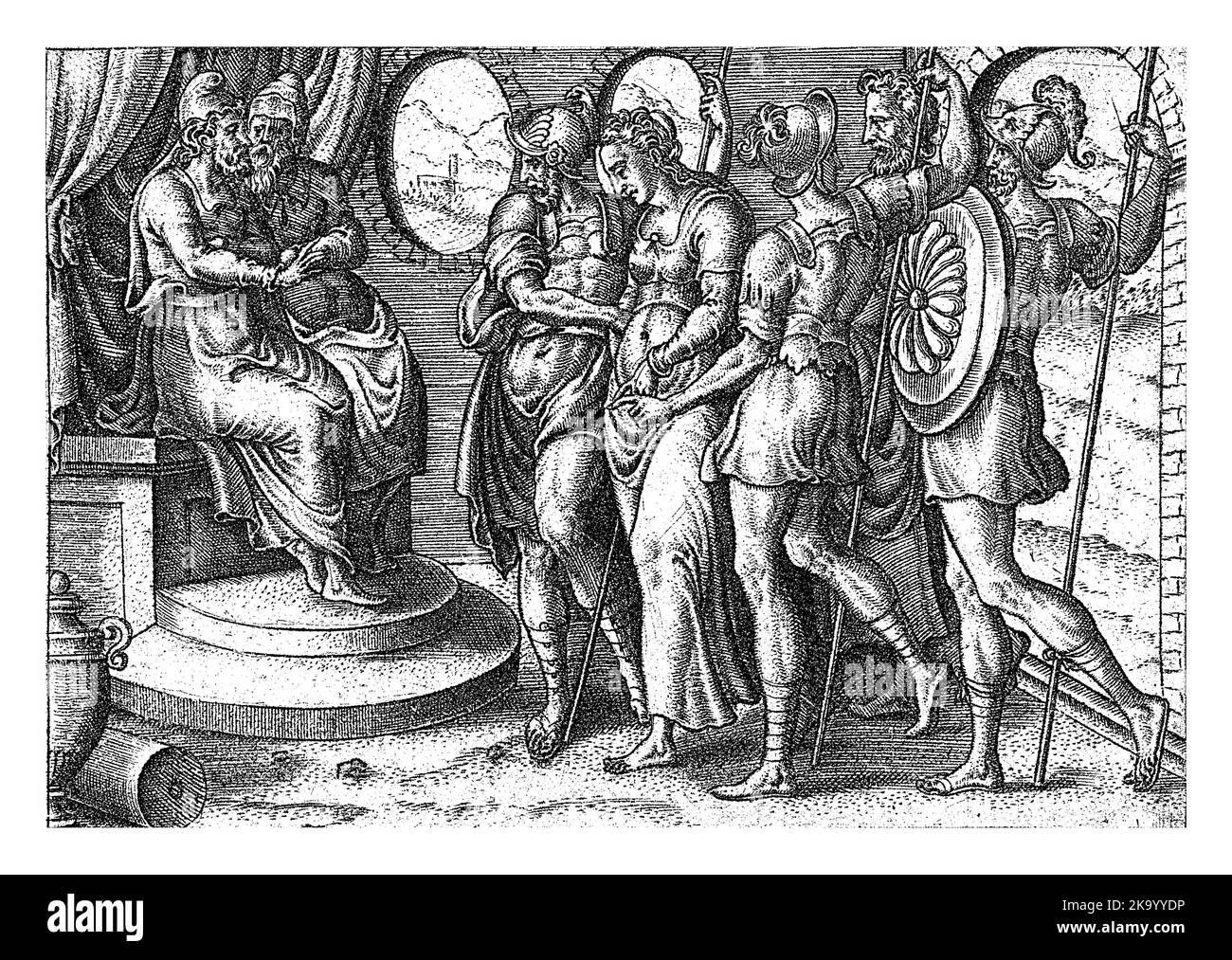 Susanna vor den Richtern, Abraham de Bruyn, 1570 Susanne wird vor die Ältesten gebracht, die sie der Untreue beschuldigen. Als Richter verurteilten sie sie auch Stockfoto