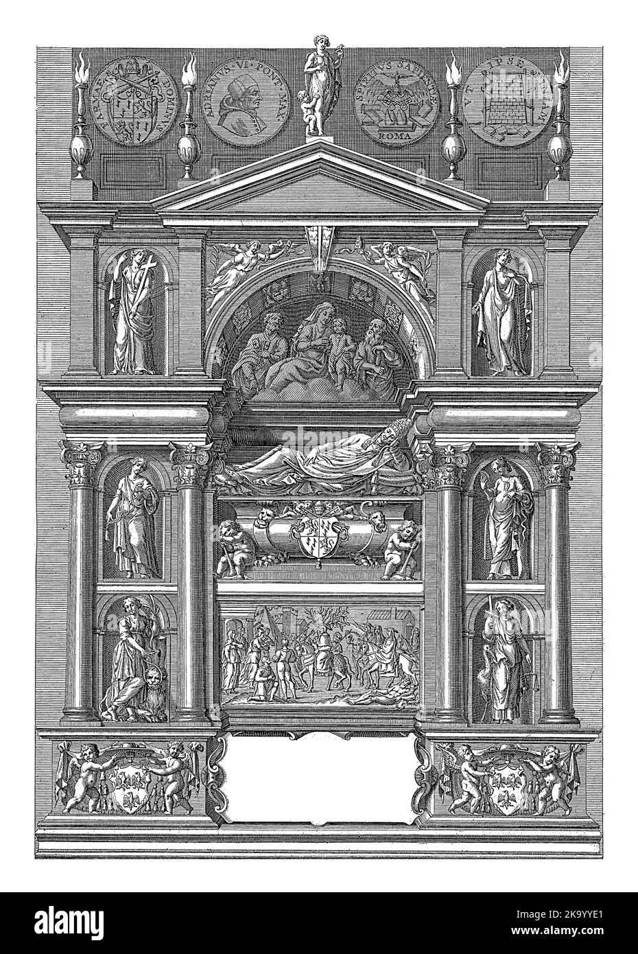 Grabmal mit dem Grab von Papst Adrian VI., in der Santa Maria dell'Anima in Rom. In der Mitte liegt der Papst auf einem Sarkophag (einem Gisant). Stockfoto