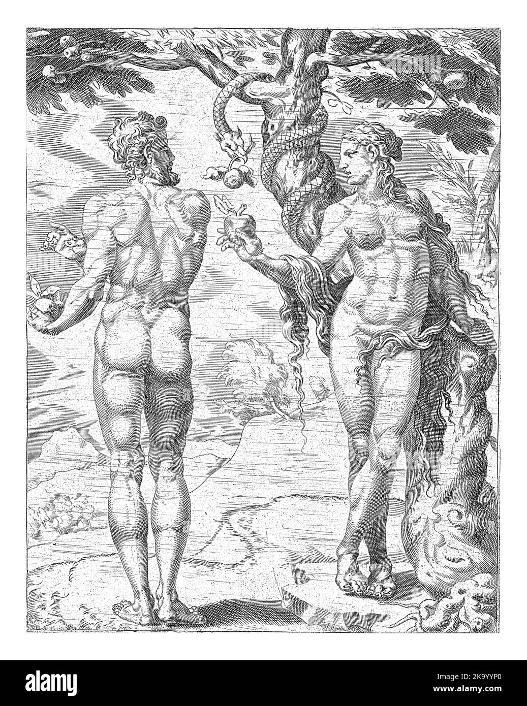 Eva pflückte eine Frucht vom Baum der Erkenntnis des Guten und Bösen. Sie bietet Adam die Früchte an. Die Schlange hat sich um den Baum gedreht und hat eine Frucht Stockfoto