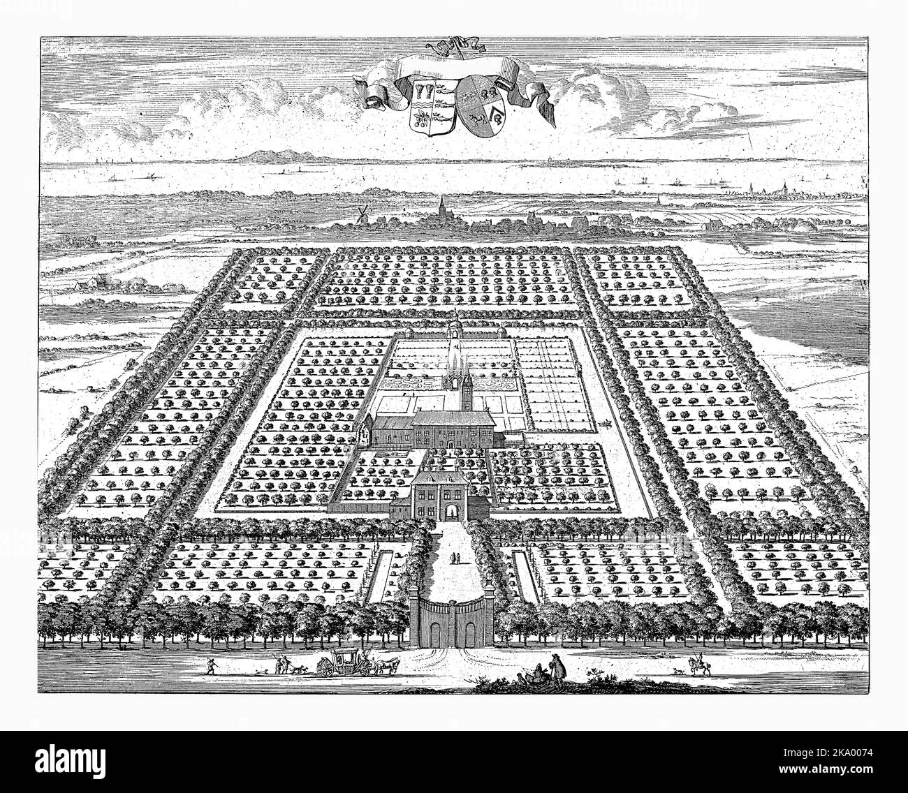 Blick auf das Landgut Soetendale, Jan Luyken, 1696 Eine Vogelperspektive auf das Landgut Soetendale, das sich zwischen Grijpskerke und Serooskerk befindet Stockfoto