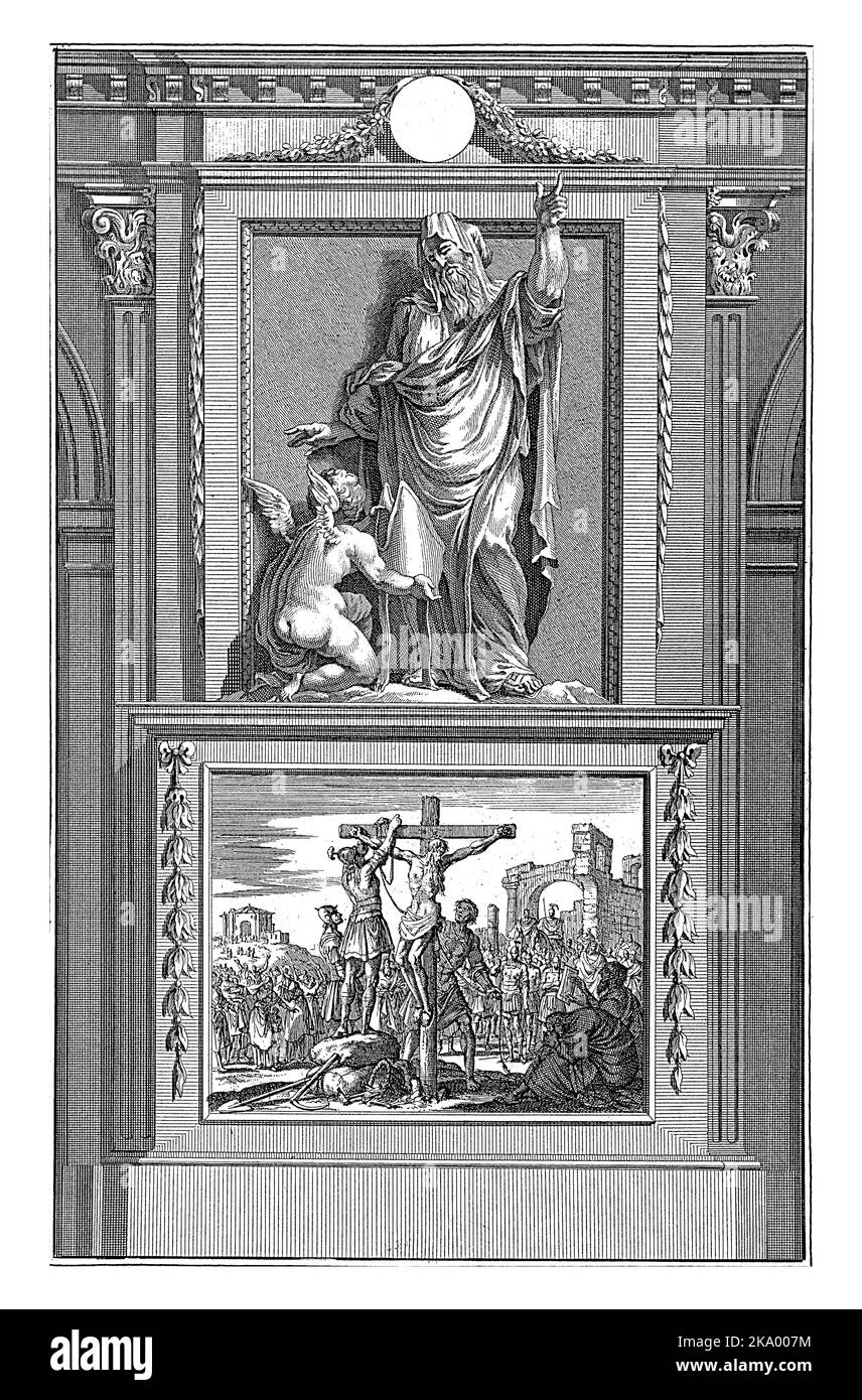 H. Simeon von Jerusalem, Jan Luyken, nach Jan Goeree, 1698 der heilige Simeon von Jerusalem schaut auf den Engel, der die Mitra seines Bischofs trägt. Stockfoto