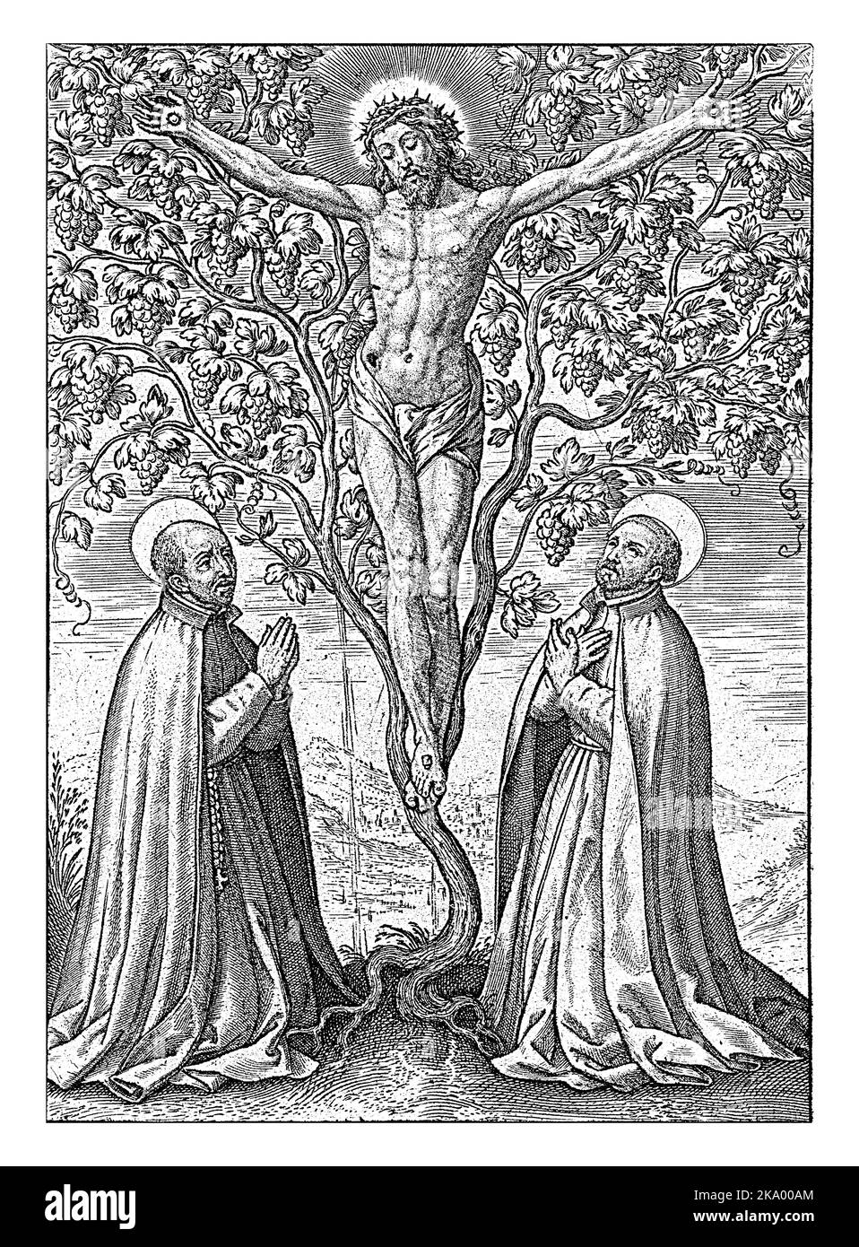 Christus wurde auf einem lebendigen Weinstock voller Trauben gekreuzigt. Am Fuße des Baumes knien die Jesuit Ignatius von Loyola (links) und Franz Xavier (rechts) Stockfoto