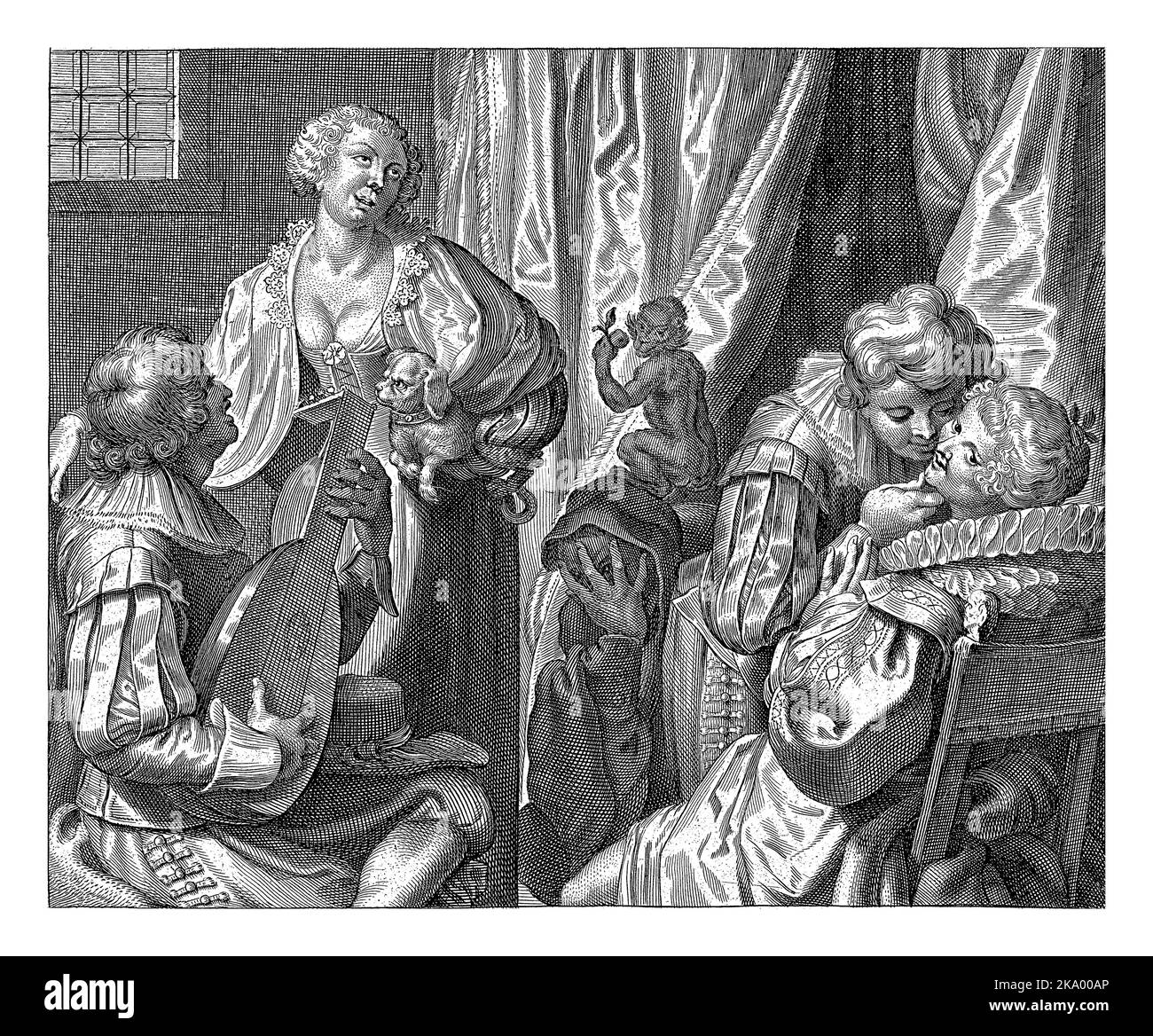 Die fünf Sinne, Cornelis Galle (II), nach Johann Liss, c. 1610 - c. 1678 allegorische Darstellung der fünf Sinne. Ein Mann spielt Laute und Wom Stockfoto