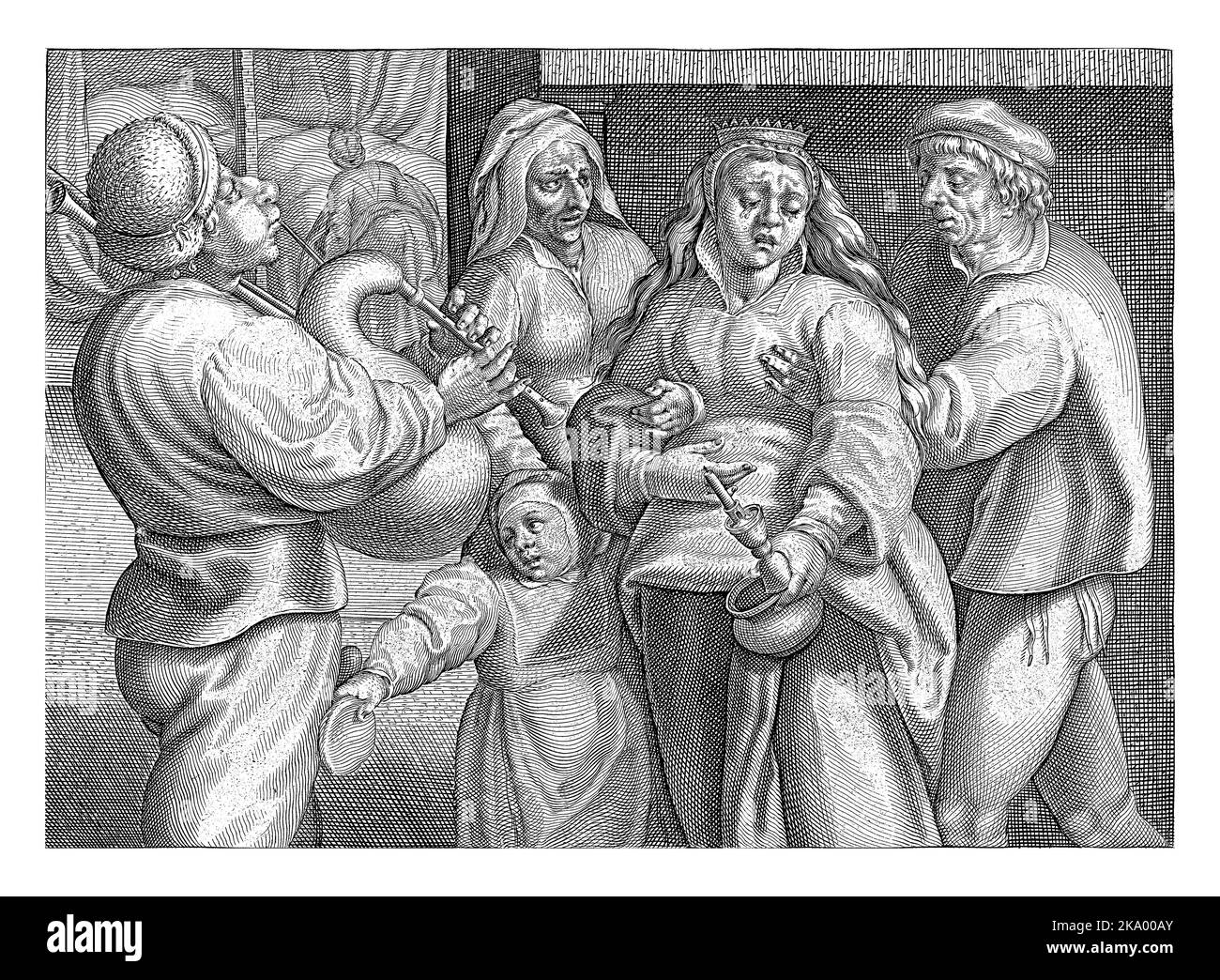 Eine weinende Braut wird von ihrer Mutter und ihrem Mann zum Ehebett geführt, während ein Bauer Dudelsack spielt. Im Hintergrund macht eine Frau das Bett. Stockfoto