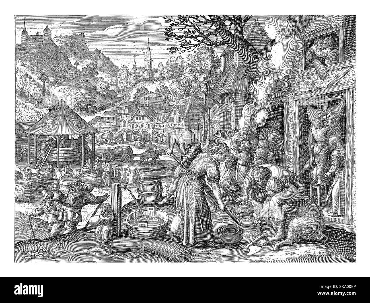 Herbst, Nicolaes de Bruyn, nach Maerten de Vos, 1581 - 1656 Dorfszene mit Herbstaktivitäten: Schweine werden geschlachtet und Weinproduktion aus dem h Stockfoto