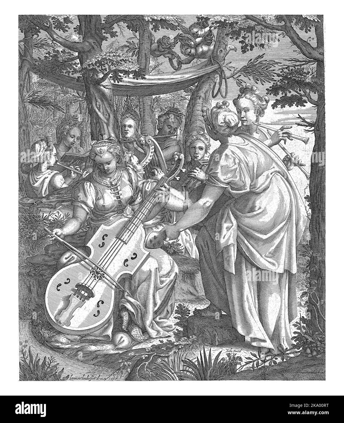 Neun Musen in einem Wald, die Musik machen, unter einem Dach. Vorne in der Mitte eine Muse, die einen Kontrabass spielt. Stockfoto