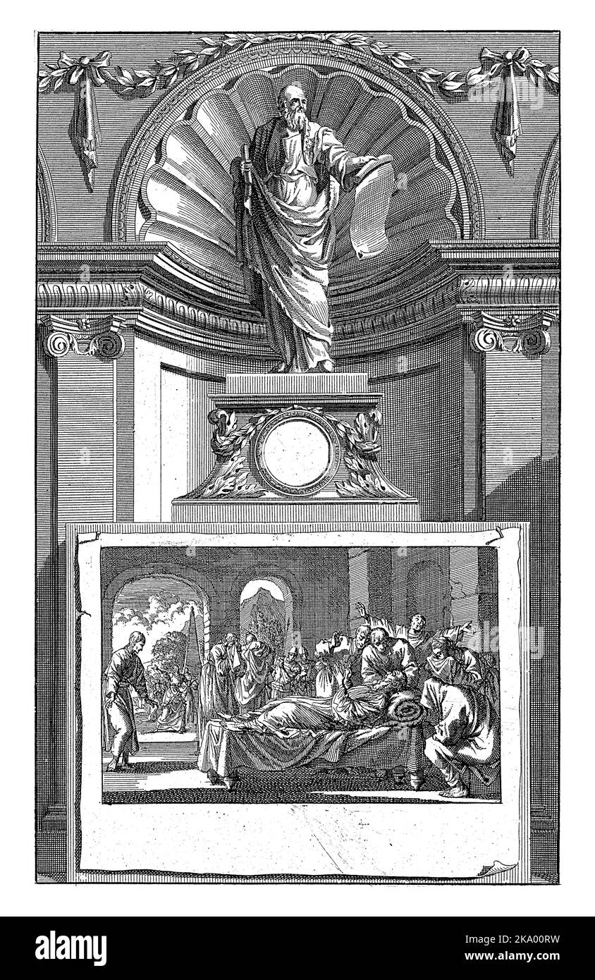 H. Johannes Chrysostomos, Kirchenvater, Jan Luyken, nach Jan Goeree, 1698 der Heilige Kirchenvater Johannes Chrysostomos, auf einem Sockel stehend. Stockfoto