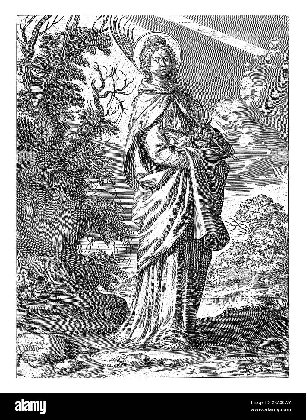 Heilige Emerentiane von Rom, Theodoor Galle, nach David Teniers, 1581 - 1633 Heilige Emerentiane von Rom. Sie trägt in ihren Roben die Steine, mit denen sh Stockfoto