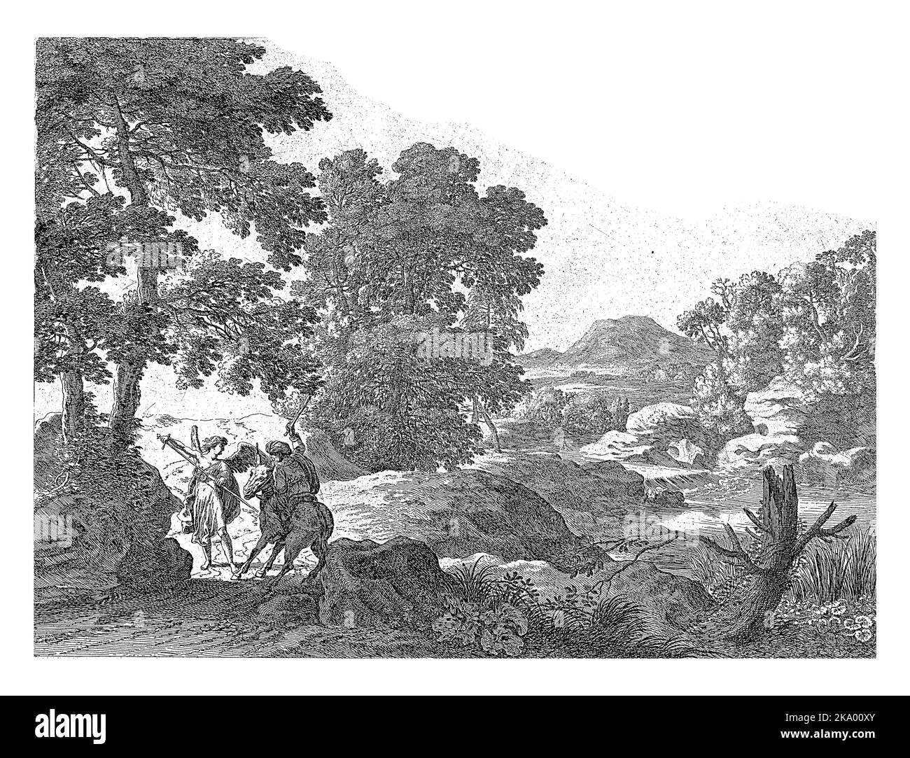 Hügelige Landschaft mit Bäumen, im linken Vordergrund ist Bilaam auf einem nachschölenden Esel zu sehen. In seiner rechten Hand hält er ein Schwert und vor o Stockfoto