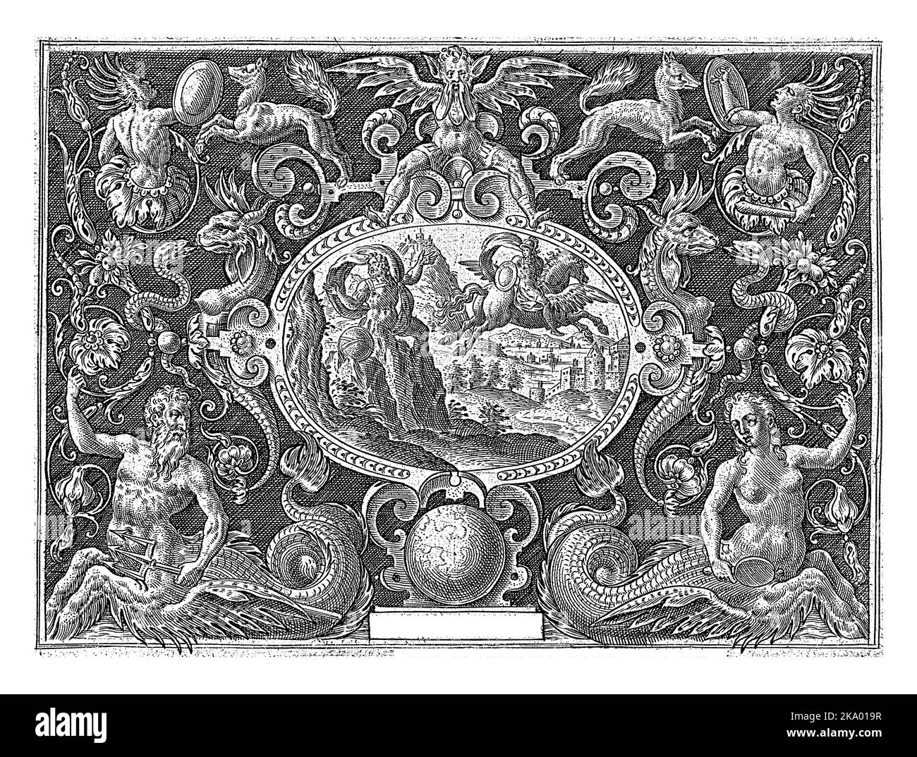 Kartusche: Atlas von Perseus, Abraham de Bruyn in einen Berg verwandelt, 1584 Kartusche mit Perseus und Atlas in einen Berg verwandelt. Stockfoto