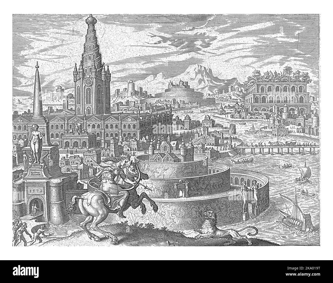 Die Mauern von Babylon, in Kreisen gebaut. Auf der linken Seite ist ein großes Gebäude mit einem Turm. Im Vordergrund Königin Semiramis als Amazonas zu Pferd. Stockfoto