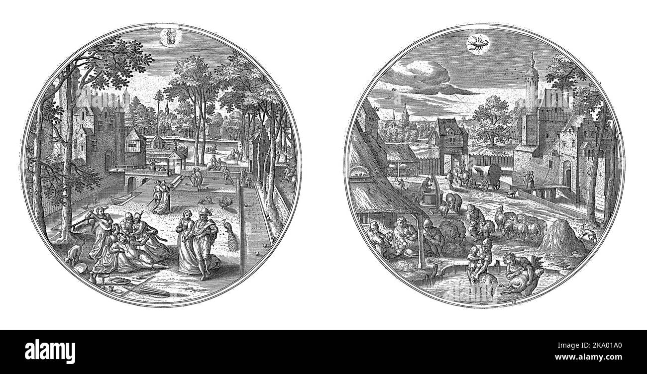 Verließ den Mai, den Monat der Liebe. Im Vordergrund wird Musik gespielt, getanzt und gegessen. Paare können überall herumlaufen oder spielen gesehen werden. Stockfoto