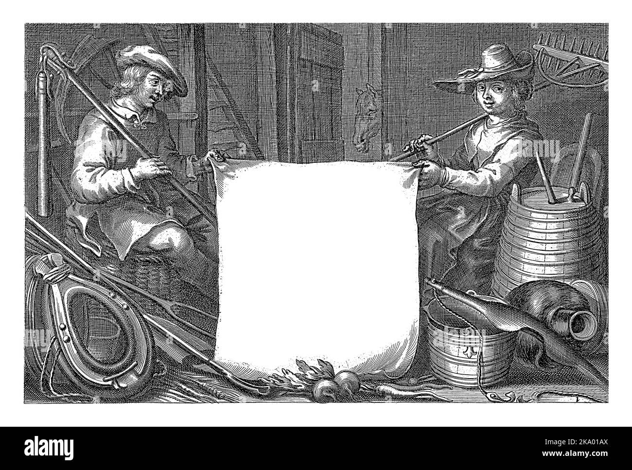 Ein Pferdestall mit einem Bauern und seiner Frau, die eine Leinwand in der Hand halten, auf der der Titel der Serie in lateinischer Sprache steht. Stockfoto