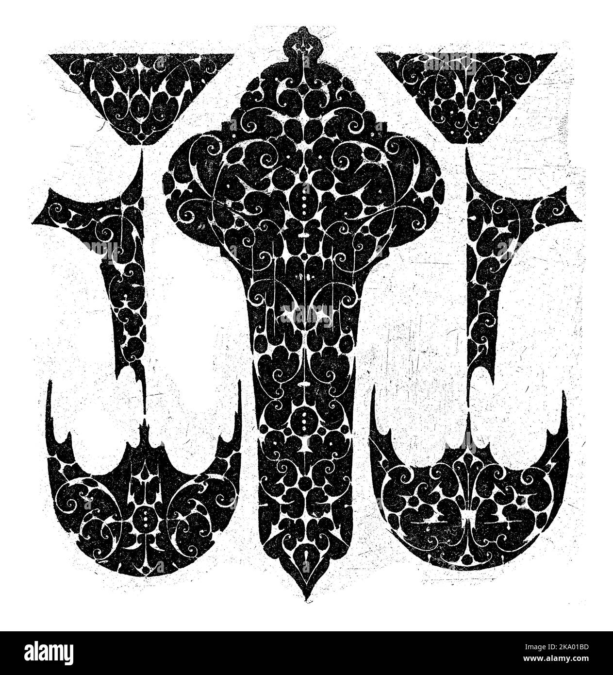 Kreuz mit abgerundeten Ecken zwischen sechs Ornamenten, Guillaume de la Quewellerie, 1611 aus einer Serie von 6 Blättern. Stockfoto