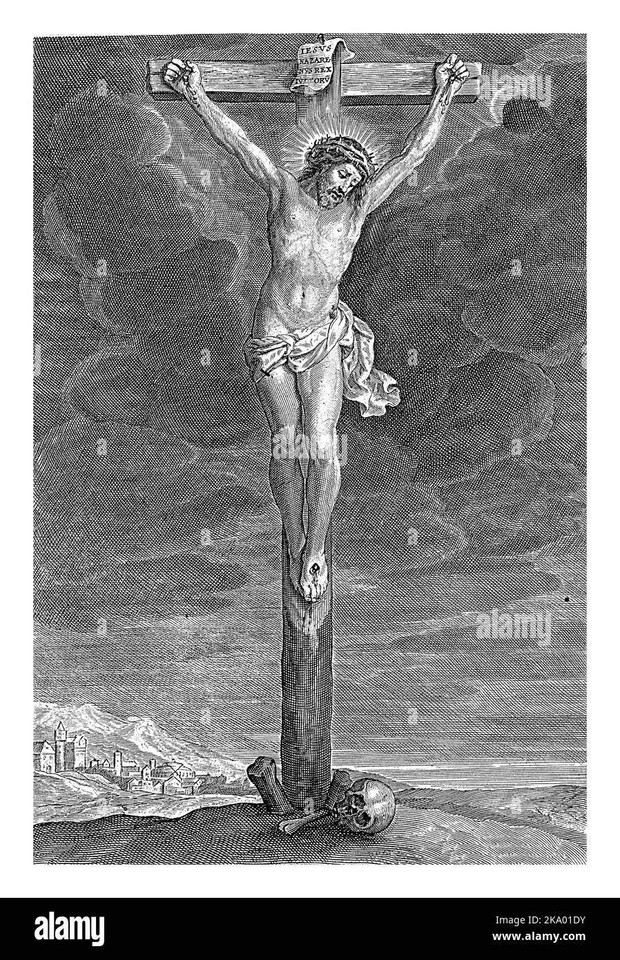 Christus am Kreuz, am Fuße des Kreuzes ein Schädel und Knochen. Links in der Ferne Jerusalem. Stockfoto