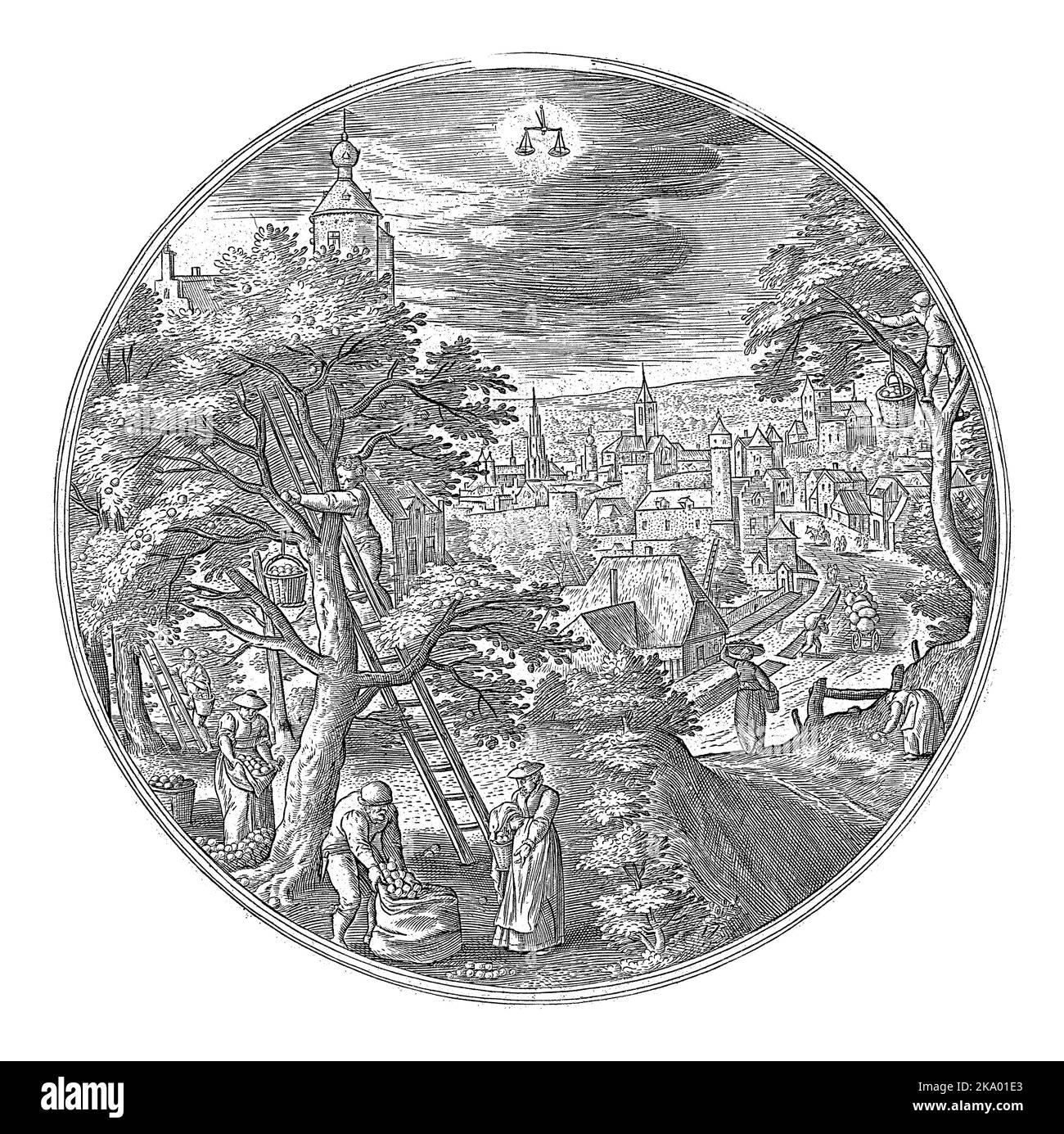 Runder Rahmen mit Herbstlandschaft und Herbstszenen. September ist der Monat der Früchte. Die Obsternte ist zentral. Männer und Frauen pflücken Äpfel von einem Stockfoto