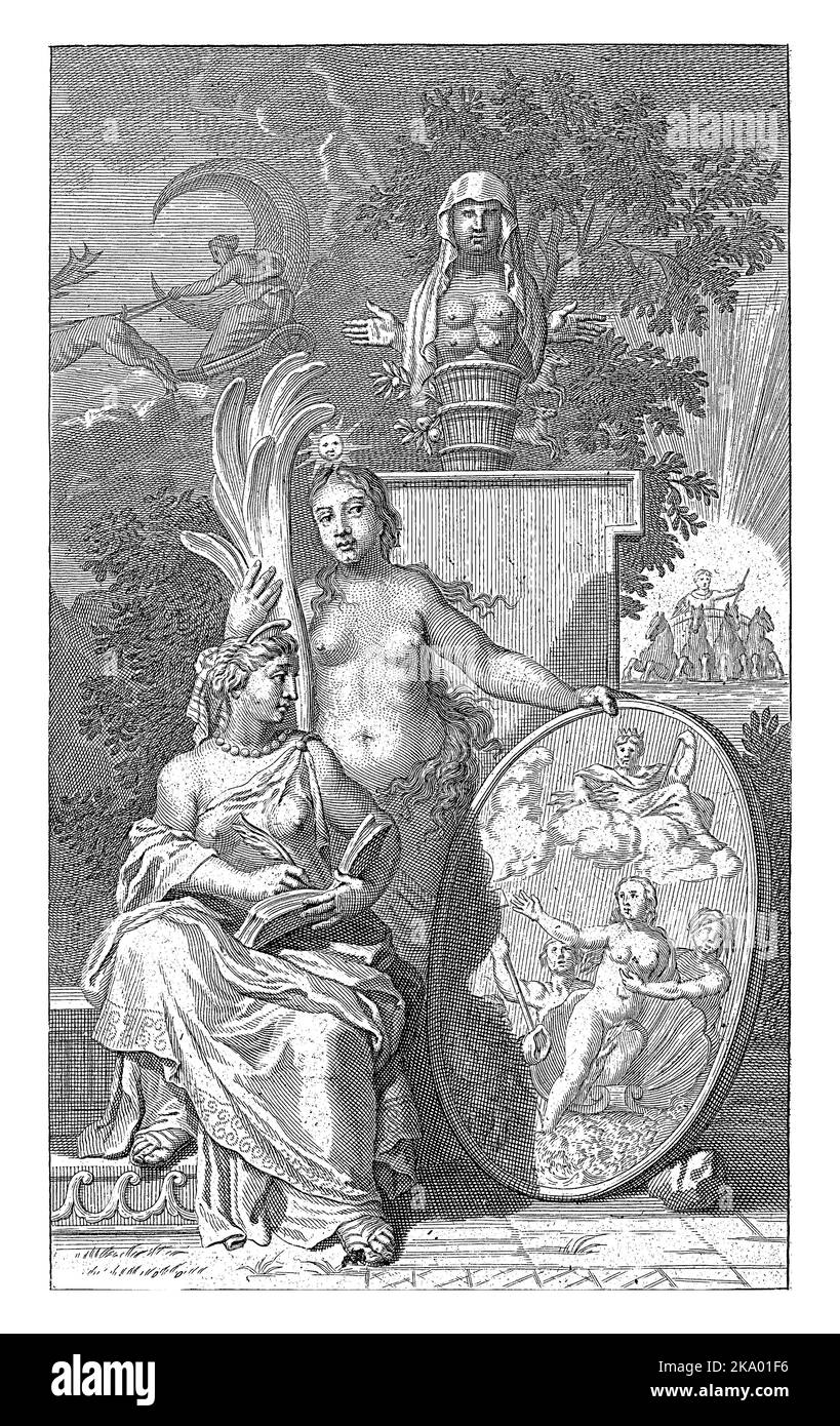 Die Personifizierung der Wahrheit zeigt einer Frau, die in einem Buch schreibt, ein ovales Medaillon. Im Medaillon eine Darstellung der Geburt der Venus. Stockfoto