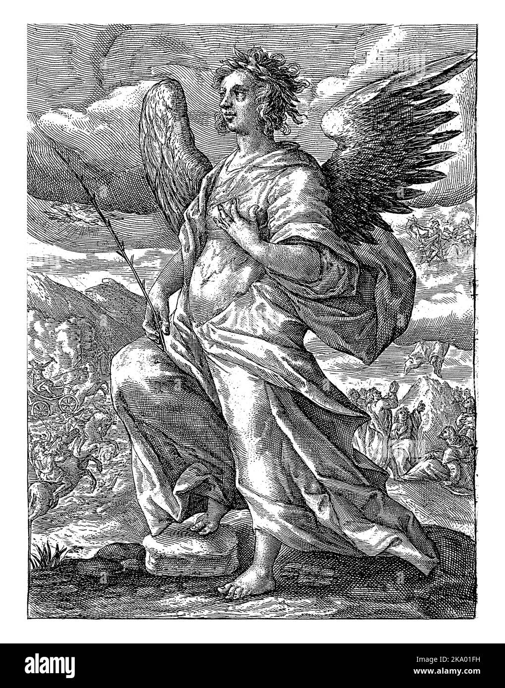 Der Erzengel Zaphkiel steht mit seinem rechten Fuß auf einem Stein und hält einen Zweig in seiner rechten Hand. Im linken Hintergrund verschlingt das Rote Meer das Egy Stockfoto