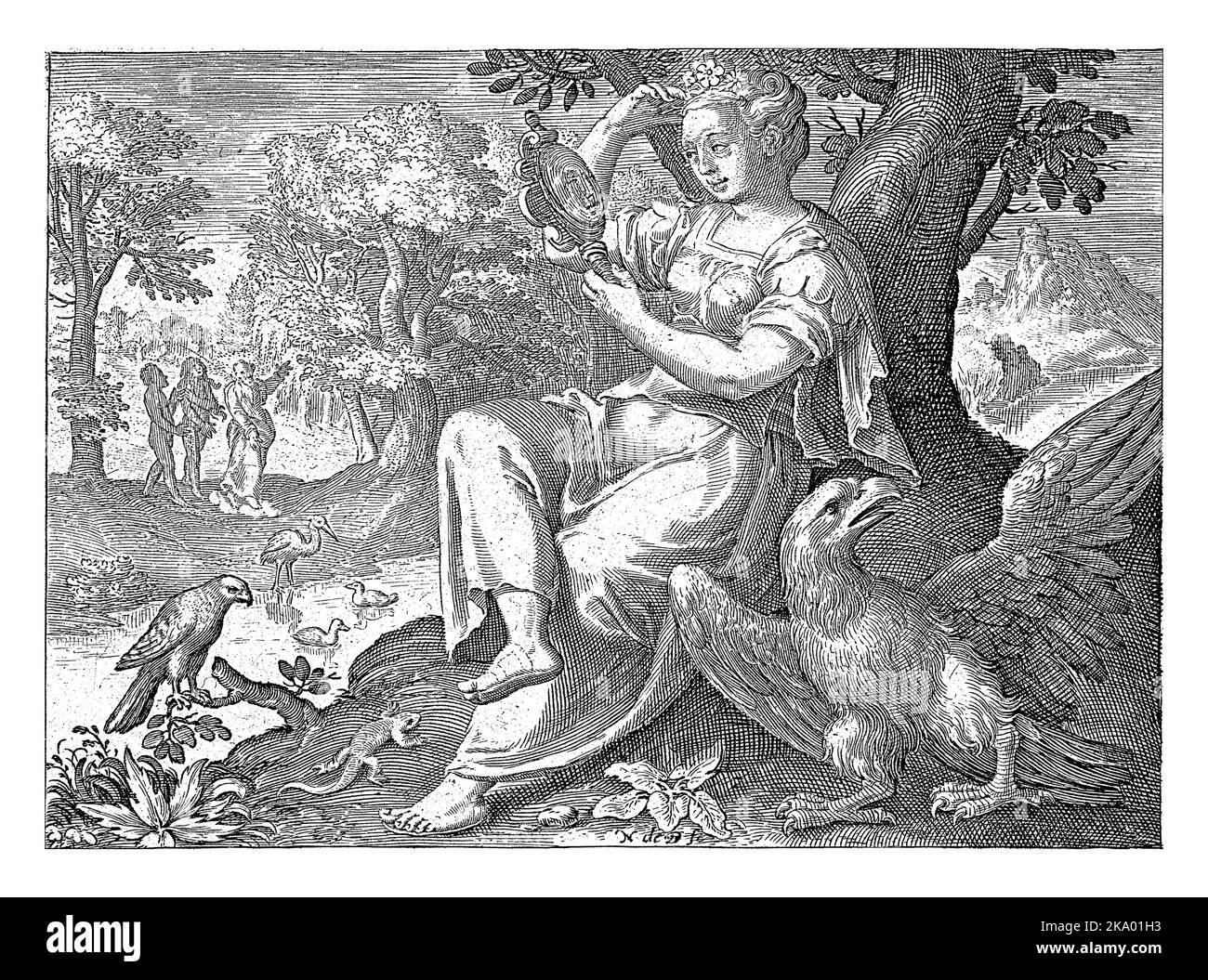 Sense Face, Nicolaes de Bruyn, nach Maerten de Vos, 1581 - 1656 Frau als Personifizierung des Sinnesgesichts, das in einer Landschaft sitzt und in einem Spiegelwulst schaut Stockfoto