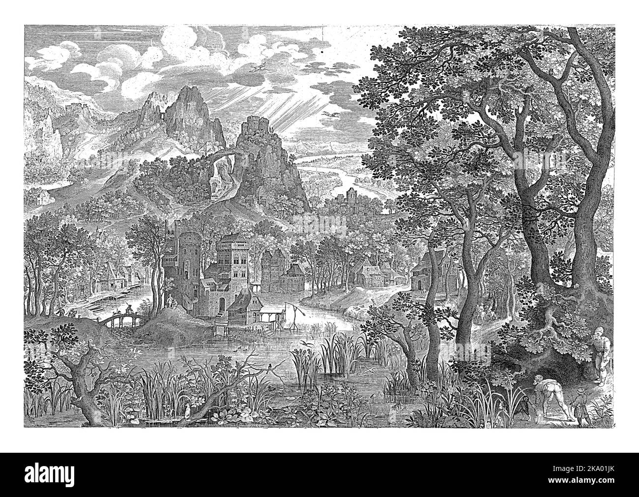 Landschaft mit Entenjagd, Nicolaes de Bruyn, nach Gilles van Coninxloo (II), 1600 Berglandschaft mit Schloss. Im rechten Vordergrund zwei Ich Stockfoto