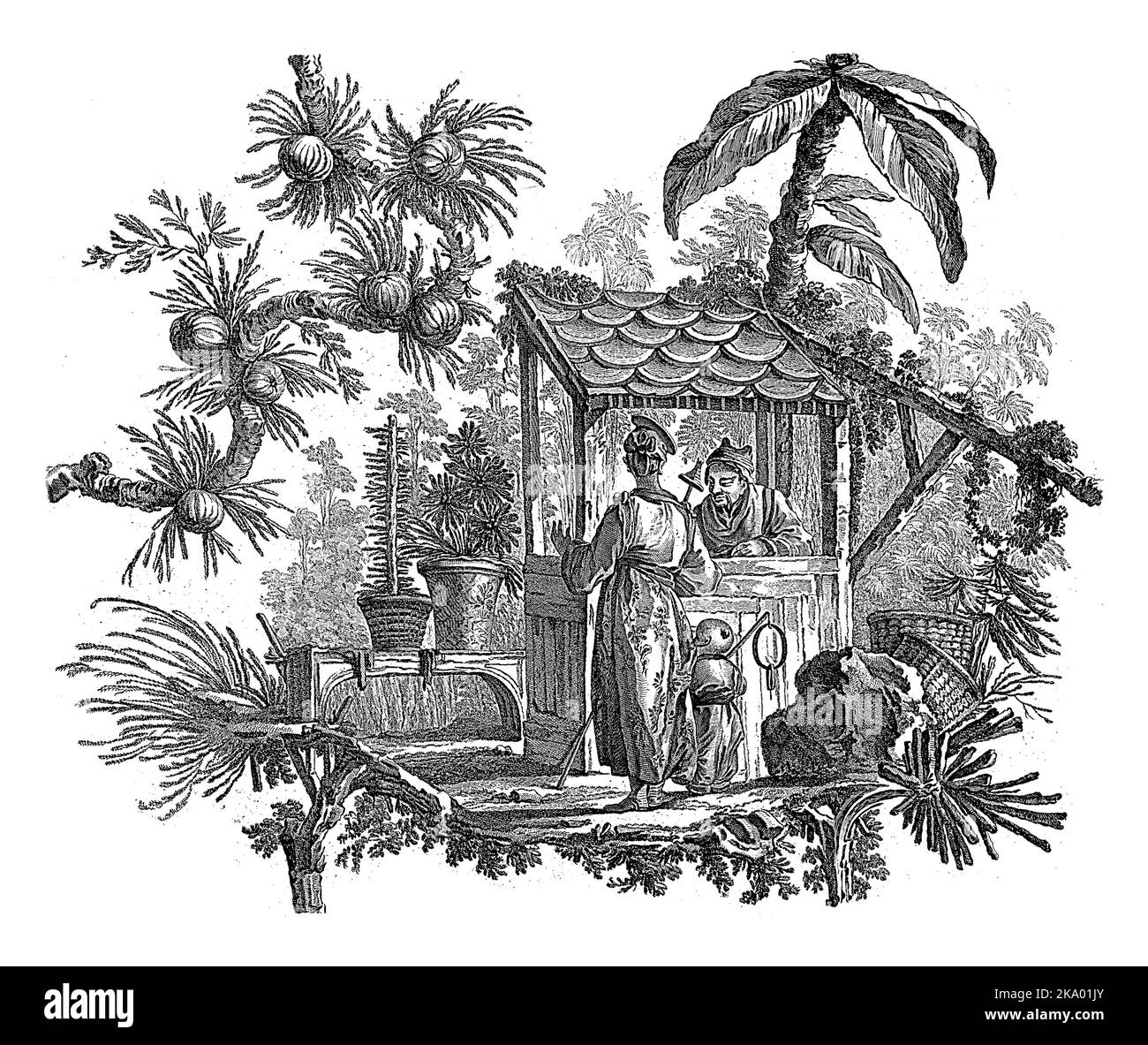 Chinesische Häuser und Figuren. Suite mit sechs Drucken. I. Pilling Inv. FA. aveline sc. London von I. Pillement, A Paris chez Basan, Francois-Antoine Aveline, Stockfoto