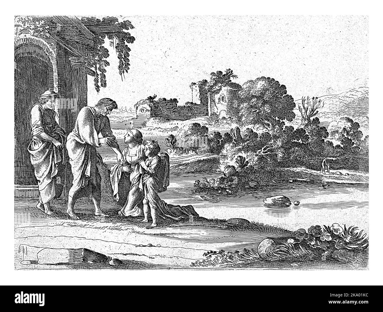 Sarah und Abraham blicken auf Hagar knieend. Neben ihr ist Ismael. Im Hintergrund ein Teich und einige Ruinen. Stockfoto