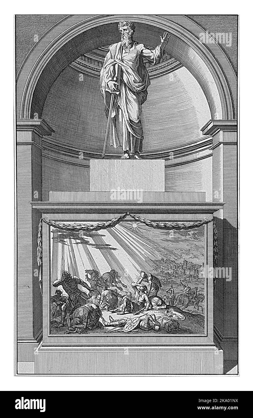 Apostel Paulus, Jan Luyken, nach Jan Goeree, 1698 der Apostel Paulus mit einem Schwert in der Hand. Paul steht auf einem Sockel, auf dem seine Bekehrung während Stockfoto