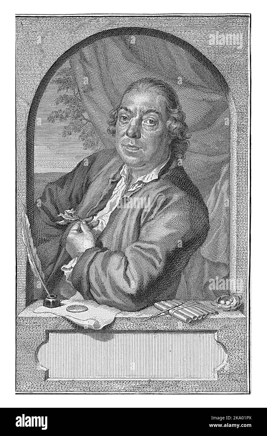 Halblanges Porträt links von Johannes le Francq van Frankhey, in einem architektonischen Rahmen, dessen linker Arm auf einem Sockel ruhte. Darunter ist ein Empt Stockfoto