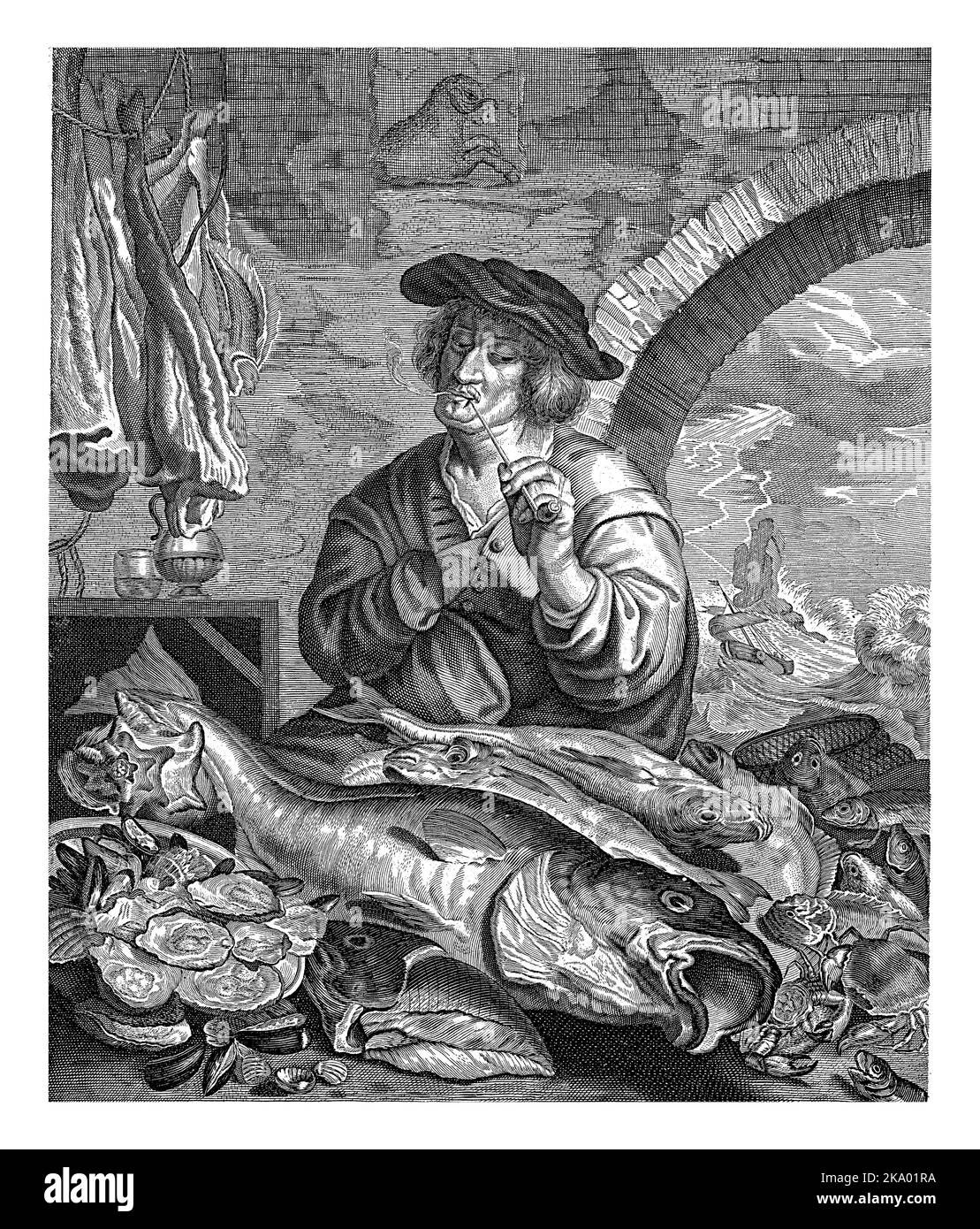 Ein Mann, der an einem Tisch, auf dem Fische und andere Meeresbewohner liegen, eine Pfeife raucht. An der Wand hängt ein Bild des Sternbildes Widder. Stockfoto