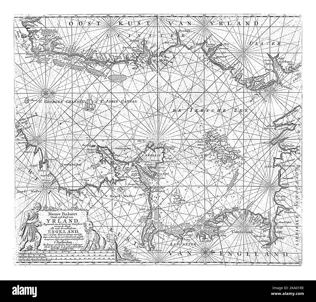 Pass eines Teils der Irischen See, zwischen Irland und Großbritannien, und der St. George's Canal, mit zwei Kompassrosen, Nord ist auf der rechten Seite. Stockfoto