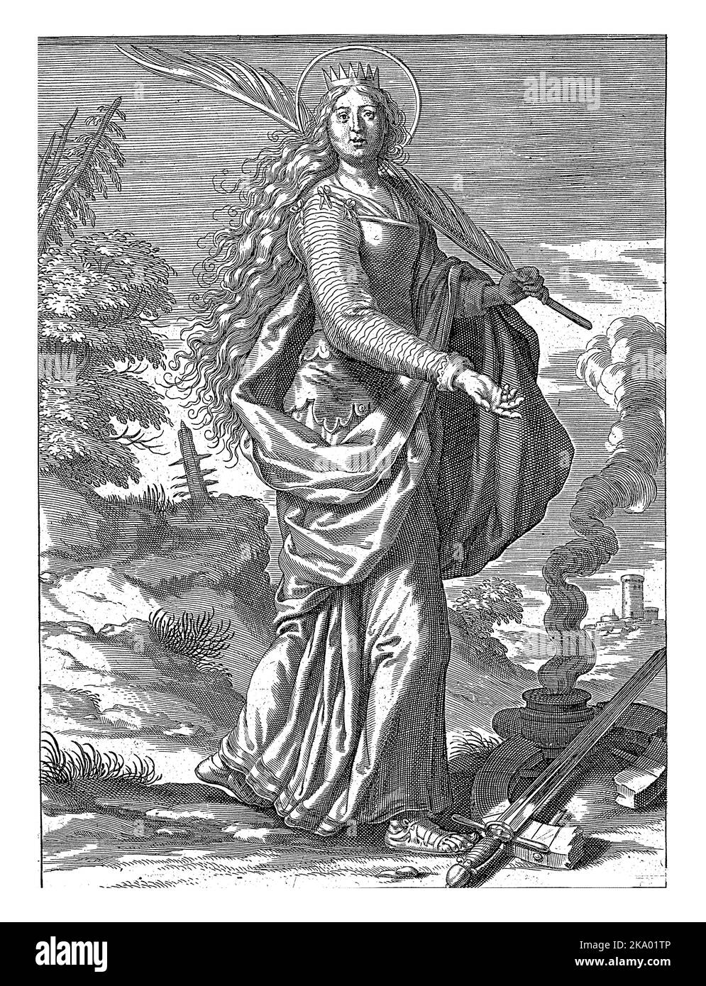 Heilige Katharina, Theodore Galle, nach David Teniers, 1581 - 1633 Heilige Katharina von Alexandria. Sie trägt einen Palmenzweig in ihrer Hand. Stockfoto